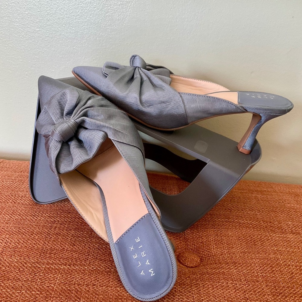 Alex Marie Slate Blue Ribbed Bow Pointed Toe Mule Kitten Heels Slip On Pumps 6.5 - Picture 2 of 12